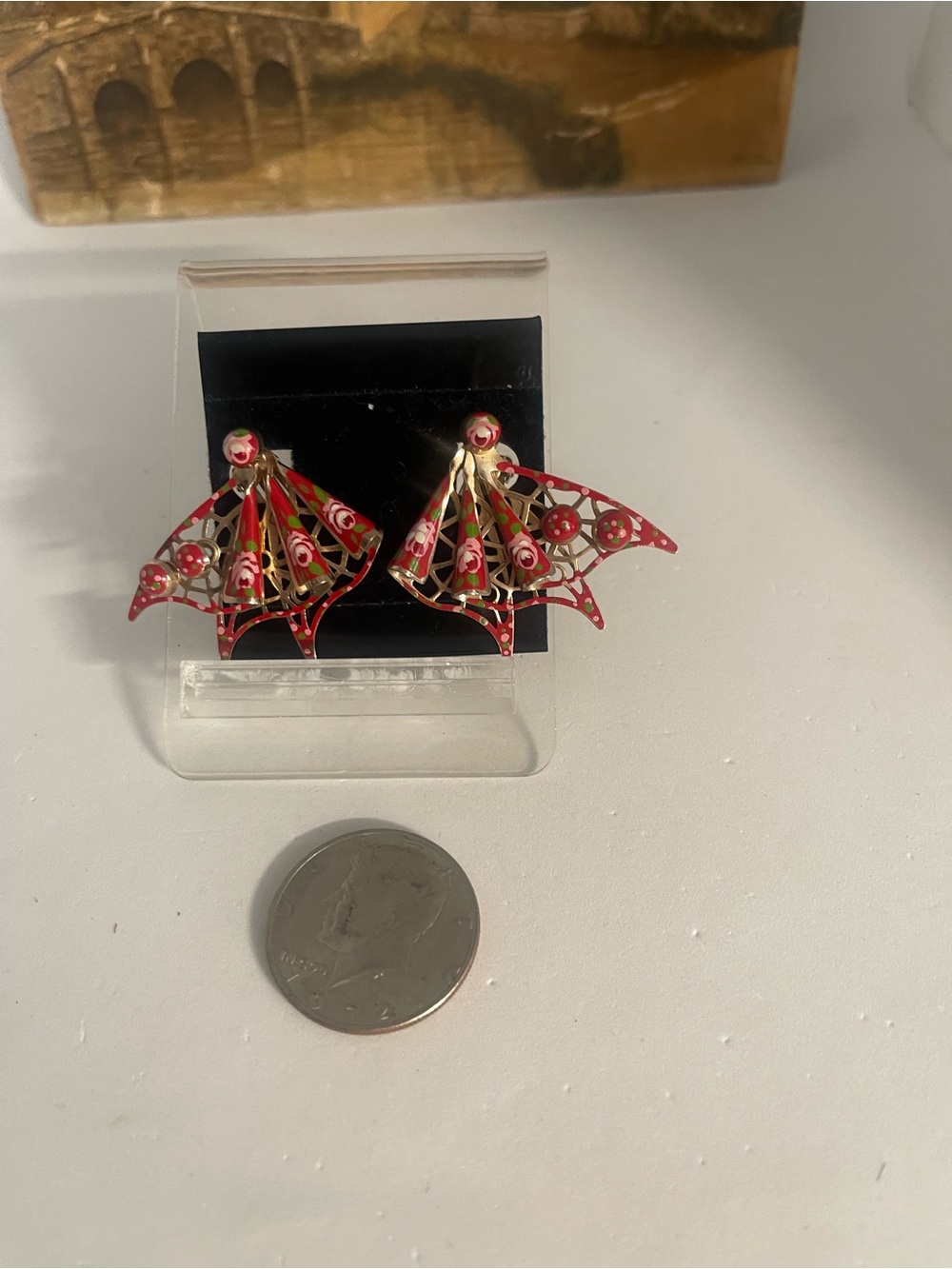 Red Enamel Fan-Shaped Statement Earrings